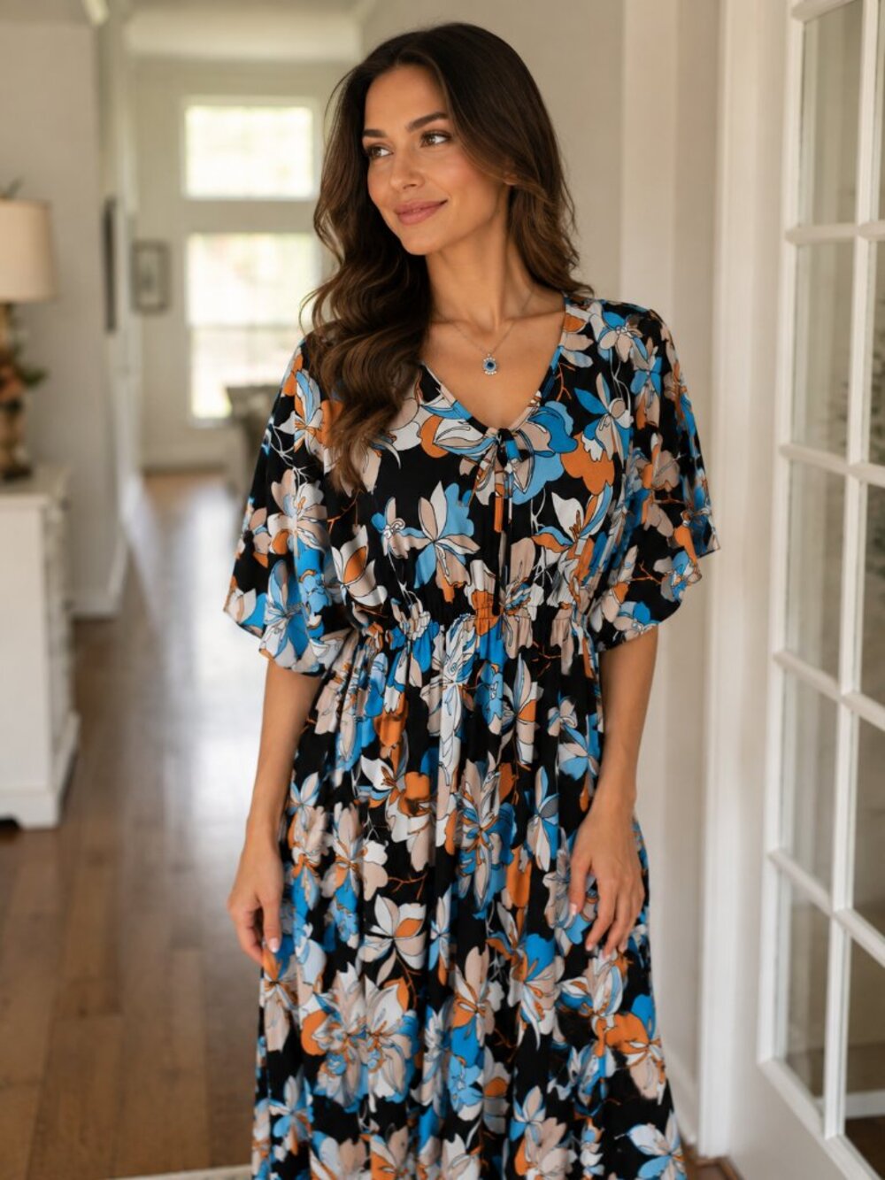 2PC Floral Maxi Dress Set | Blue Orange White V-Neck Dress + Evil Eye Necklace (